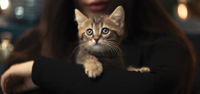 woman caressing cute kitten