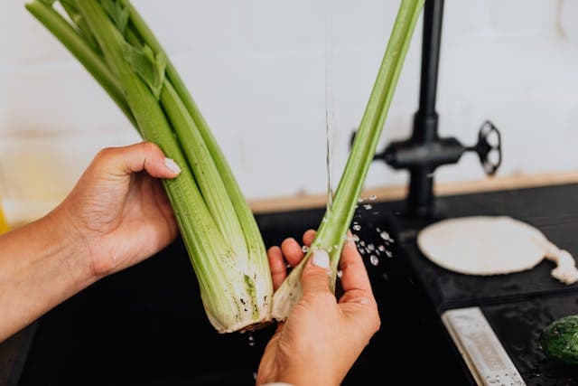 Woman Washing Celery in Kitchen