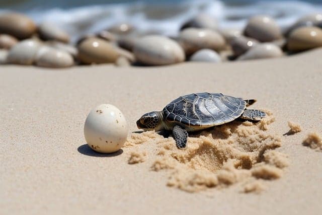 baby turtle beside turtle egg