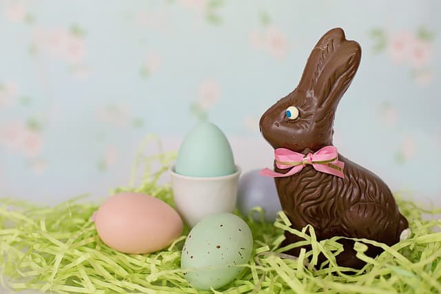 Chocolate bunny beside easter eggs