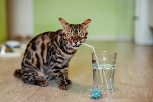 Cat Drinking Water with Straw